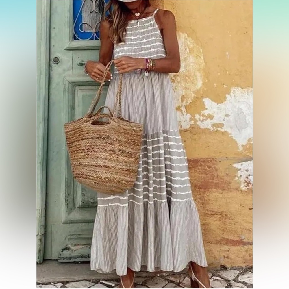 Women's Summer Boho Ruffle Hem Spaghetti Strap Maxi Dress